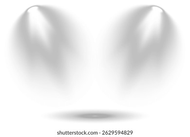 Collection of spotlights arranged in symmetrical lighting design. Stage lights shine vertically, highlighting dramatic show moments. Bright white beams cut through atmospheric haze effects. 