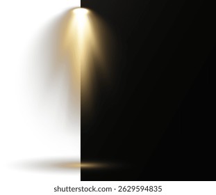 Collection of spotlights arranged in symmetrical lighting design. Stage lights shine vertically, highlighting dramatic show moments. Bright white beams cut through atmospheric haze effects. 