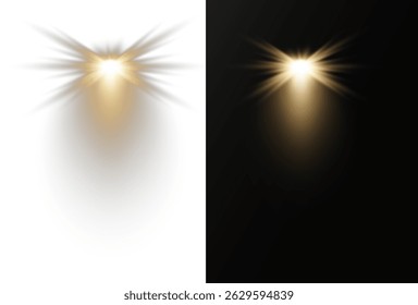 Collection of spotlights arranged in symmetrical lighting design. Stage lights shine vertically, highlighting dramatic show moments. Bright white beams cut through atmospheric haze effects. 