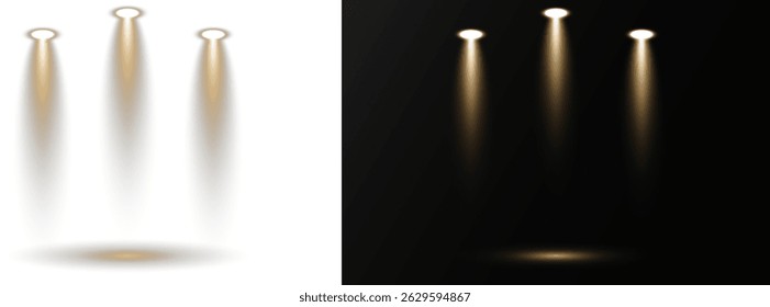 Collection of spotlights arranged in symmetrical lighting design. Stage lights shine vertically, highlighting dramatic show moments. Bright white beams cut through atmospheric haze effects. 