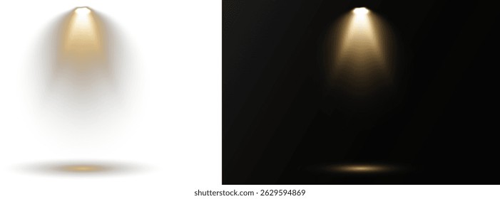 Collection of spotlights arranged in symmetrical lighting design. Stage lights shine vertically, highlighting dramatic show moments. Bright white beams cut through atmospheric haze effects. 