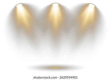 Collection of spotlights arranged in symmetrical lighting design. Stage lights shine vertically, highlighting dramatic show moments. Bright white beams cut through atmospheric haze effects. 