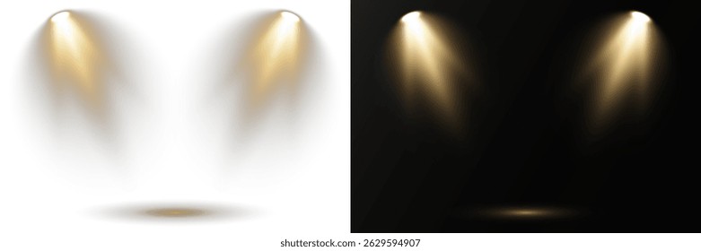 Collection of spotlights arranged in symmetrical lighting design. Stage lights shine vertically, highlighting dramatic show moments. Bright white beams cut through atmospheric haze effects. 