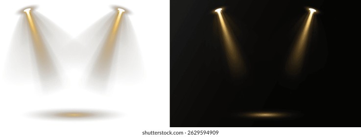 Collection of spotlights arranged in symmetrical lighting design. Stage lights shine vertically, highlighting dramatic show moments. Bright white beams cut through atmospheric haze effects. 