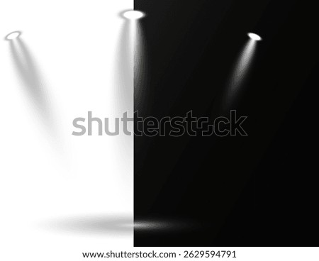 Collection of spotlights arranged in symmetrical lighting design. Stage lights shine vertically, highlighting dramatic show moments. Bright white beams cut through atmospheric haze effects. 