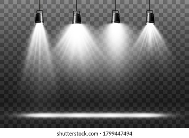 
Collection of spotlights on a transparent background. Lighting equipment for highlighting various events and places.