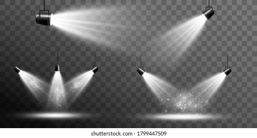
Collection of spotlights on a transparent background. Lighting equipment for highlighting various events and places.