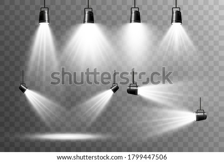 
Collection of spotlights on a transparent background. Lighting equipment for highlighting various events and places.