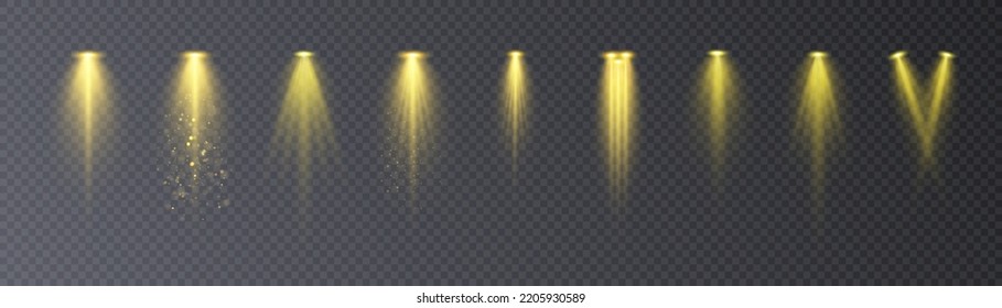 Collection of spotlights for stage lighting, bright yellow lighting with spotlights for stage lighting.