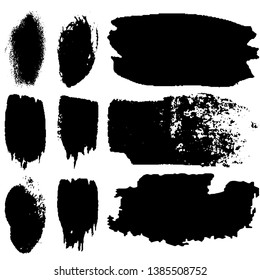 Collection of spots, brush strokes in grunge style. Monochrome abstract blots on white background