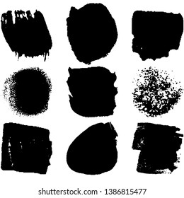 Collection of spots, brush strokes in grunge style. Monochrome abstract blots on white background