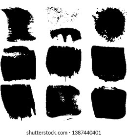 Collection of spots, brush strokes in grunge style. Monochrome abstract blots on white background