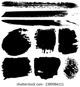 Collection of spots, brush strokes in grunge style. Monochrome abstract blots on white background