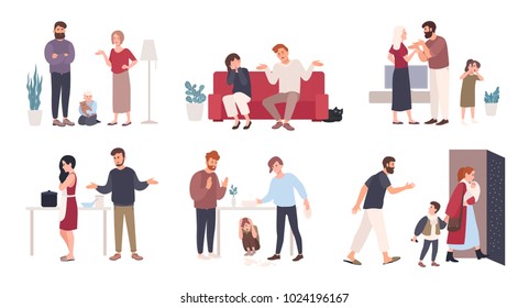 Collection of spouses or romantic partners during conflict. Set of husband and wife quarreling, brawling, shouting at each other. Family or domestic abuse, unhappy marriage. Vector illustration.