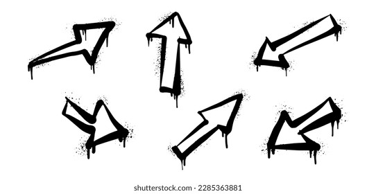 colección de Spray pintado con flecha en negro sobre blanco. símbolo de goteo de dirección de flecha. aislado de fondo blanco. ilustración vectorial