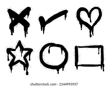 collection of Spray painted graffiti check mark, heart, star, circle and rectangle sign in black over white. design element drip symbol.  isolated on white background. vector illustration