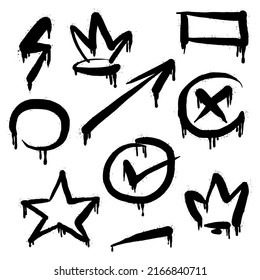 collection of Spray painted graffiti check mark, crown, star, circle and rectangle. design element drip symbol.  isolated on white background. vector illustration