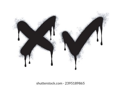 collection of Spray painted graffiti check mark in black over white. X symbol. isolated on white background. vector illustration