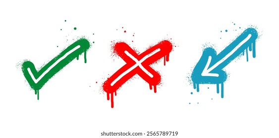 collection of Spray painted graffiti check mark and arrow sign in colorful. design element drip symbol.  isolated on white background. vector illustration