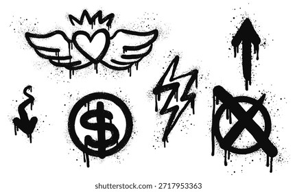 Colección de graffiti pintado en aerosol Flash, alas de corazón, flecha, dólares y cruz. aislado sobre fondo blanco. Ilustración vectorial