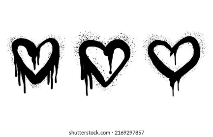 collection of Spray painted graffiti heart sign in black over white. Love heart drip symbol.  isolated on white background. vector illustration svg