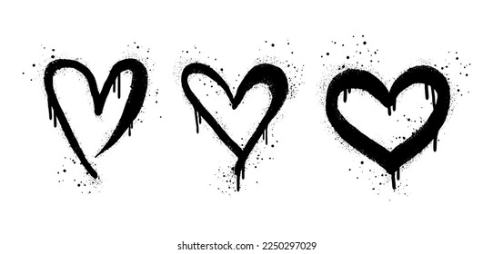 collection of Spray painted graffiti heart sign in black over white. Love heart drip symbol.  isolated on white background. vector illustration