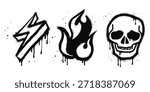 Collection of Spray painted graffiti skull head, fire flame and flash in black over white. isolated on white background. vector illustration