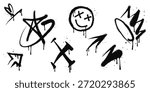 Collection of Spray painted graffiti smiling face, Crown, Arrow, star and cross symbol. isolated on white background. vector illustration