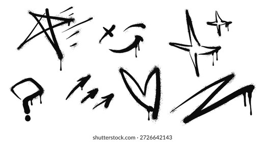 Coleção de Spray pintado grafite rosto sorridente, ícone de pergunta, Seta, estrela e símbolo cintilante. isolado no fundo branco. ilustração vetorial