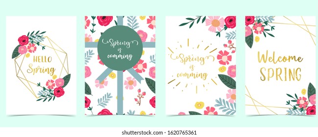 Collection of spring background set with pink flower, green leaves,geometric.Editable vector illustration for website, invitation,postcard and sticker.Include wording welcome spring, hello spring