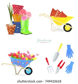 collection of spring bouquets and gardening equipments for your design 