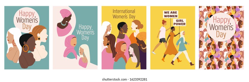 Collection of spring cards. International Women's Day. Vector illustration with women of different nationalities and cultures. The struggle for freedom, independence, equality. 