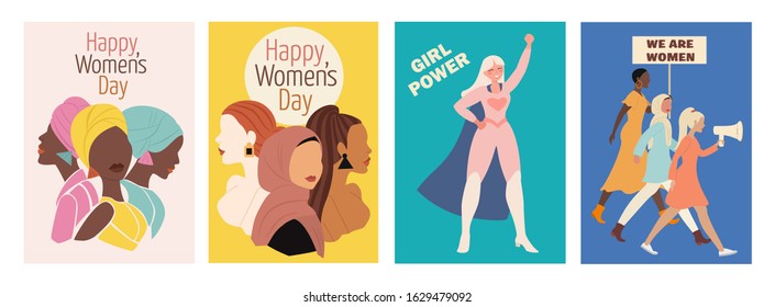 Collection of spring cards. International Women's Day. Vector illustration with women of different nationalities and cultures. The struggle for freedom, independence, equality. 