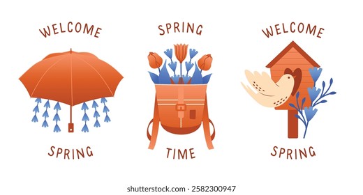 Collection of spring cliparts with text. Set of vector illustrations with umbrella, backpack full of tulips, birdhouse and white flying bird. Welcome Spring. For greeting card, banner, sticker.