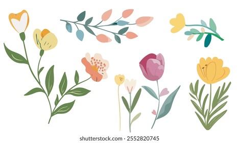 Collection of spring colorful bouquet flower elements vector. Set Botanical floral of wild flower, leaf branch, foliage on white background.