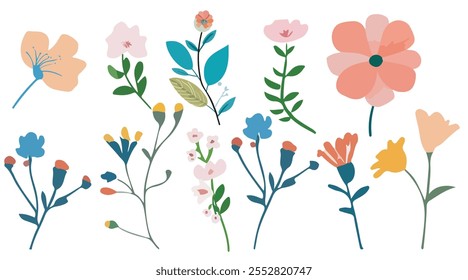 Collection of spring colorful bouquet flower elements vector. Set Botanical floral of wild flower, leaf branch, foliage on white background.