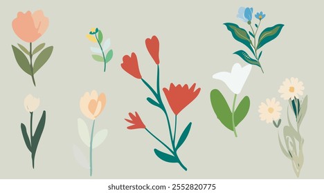 Collection of spring colorful bouquet flower elements vector. Set Botanical floral of wild flower, leaf branch, foliage on white background.