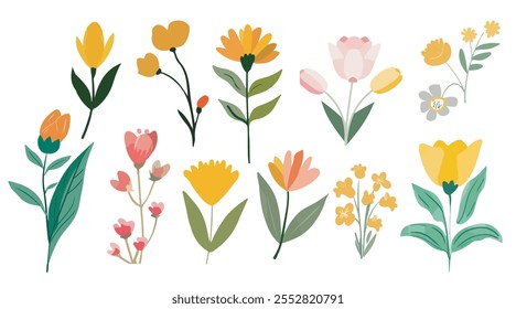 Collection of spring colorful bouquet flower elements vector. Set Botanical floral of wild flower, leaf branch, foliage on white background.