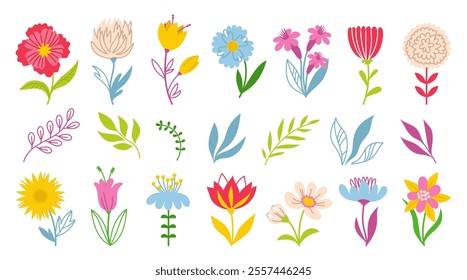 Collection of spring colorful floral elements. Set of flowers, branches leaves, foliage isolated. Hand drawn vector doodle illustration