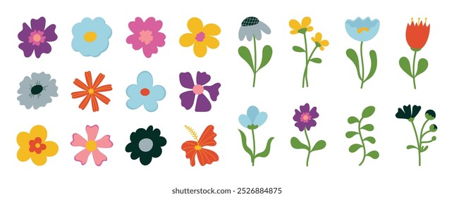 Sammlung von Frühling bunte Blume Element Vektor. Set floral von wildflower, daisy, sonnenblume, blätter auf weißem hintergrund. Handgezeichnete Blütengrafik für Dekor, Ostern, Aufkleber, Clipart, Druck.