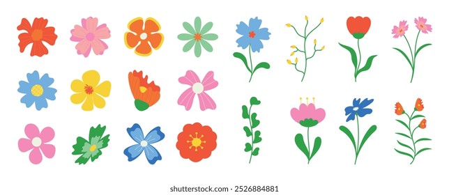 Coleção de mola colorido vetor de elemento de flor. Definir floral de flores silvestres, margaridas, girassol, folhas sobre fundo branco. Ilustração de flor desenhada à mão para decoração, páscoa, adesivo, clipart, impressão.