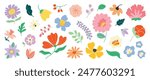 Collection of spring colorful flower elements vector. Set floral of wildflower, leaf branch, foliage on white background. Hand drawn blossom illustration for decor, easter, sticker, clipart, print.