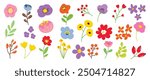 Collection of spring colorful flower elements vector. Set floral of wildflower, leaf branch, foliage on white background. Hand drawn blossom illustration for decor, easter, thanksgiving, clipart.