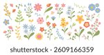 Collection of spring colorful flower elements vector. Set floral of wildflower, leaf branch, foliage on white background. Hand drawn blossom illustration for decor, easter, thanksgiving, clipart.