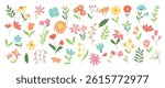 Collection of spring colorful flower elements vector. Set floral of wildflower, leaf branch, foliage on white background. Hand drawn blossom illustration for decor, easter, thanksgiving, clipart.