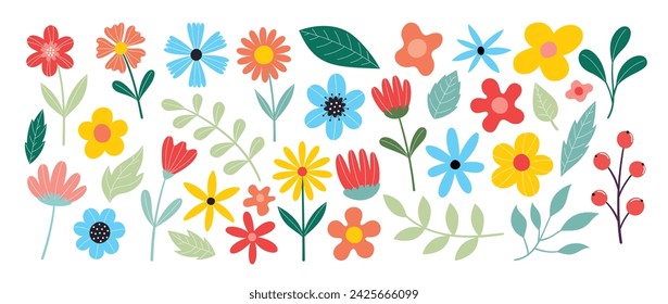 Collection of spring colorful flower elements vector. Set floral of wildflower, leaf branch, foliage on white background. Hand drawn blossom illustration for decor, easter, thanksgiving, clipart.