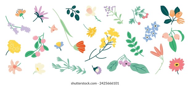 Collection of spring colorful flower elements vector. Set floral of wildflower, leaf branch, foliage on white background. Hand drawn blossom illustration for decor, easter, thanksgiving, clipart.
