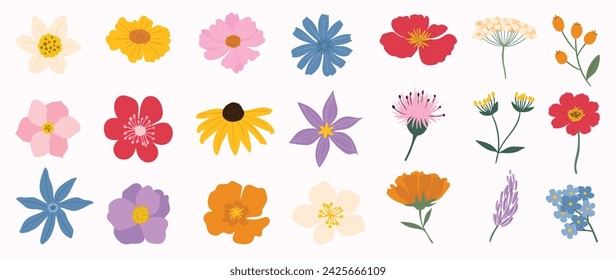 Collection of spring colorful flower elements vector. Set floral of wildflower, leaf branch, foliage on white background. Hand drawn blossom illustration for decor, easter, thanksgiving, clipart.