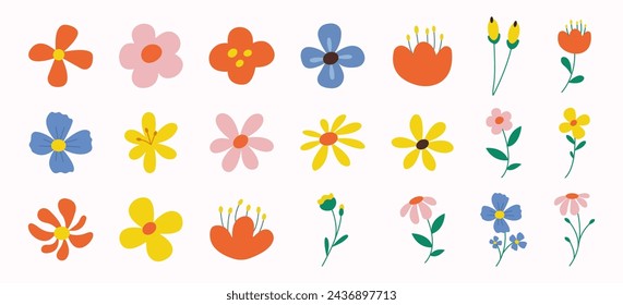 Collection of spring colorful flower elements vector. Set floral of wildflower, leaf branch, foliage on white background. Hand drawn blossom illustration for decor, easter, thanksgiving, clipart