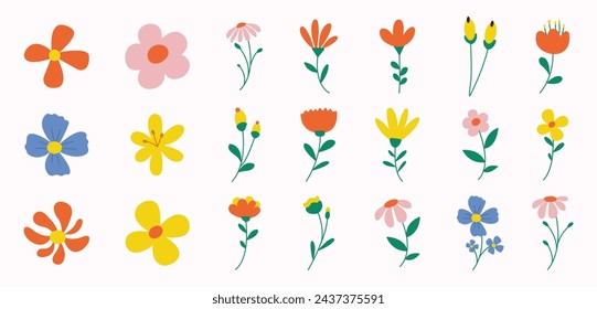 Collection of spring colorful flower elements vector. Set floral of wildflower, leaf branch, foliage on white background. Hand drawn blossom illustration for decor, easter, thanksgiving, clipart